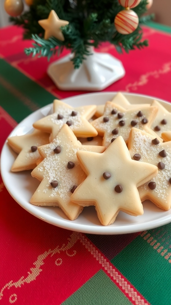 A plate of star and tree-shaped Christmas cookies with chocolate chips on a festive table.